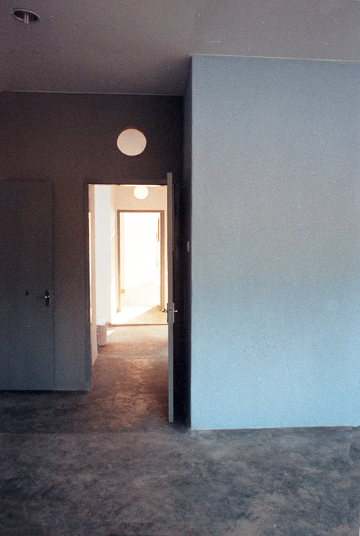 Mur bleu du salon et sol en béton brut