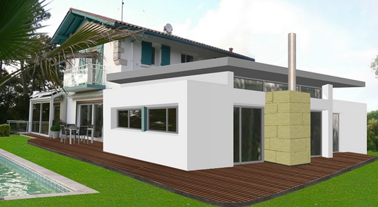3D-Extension contemporaine d'une maison traditionnelle